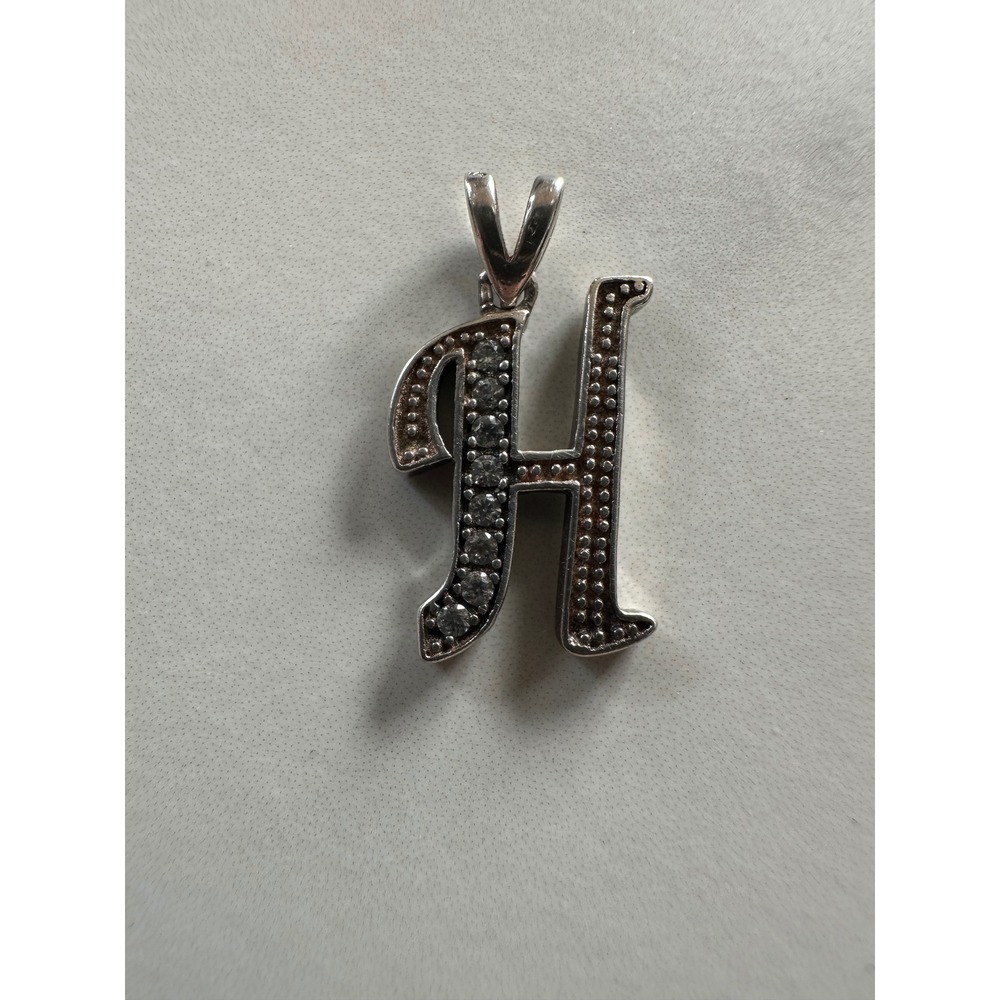 Sterling Silver Initial H Pendant Gothic Script S925 Cubic Zirconia 2.02g